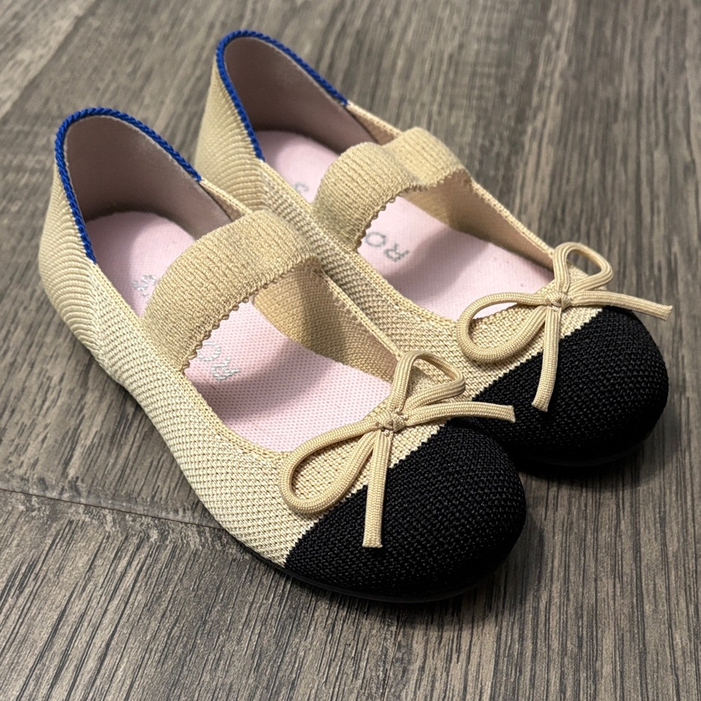 Rothy's Beige and Black Flats with Blue Trim